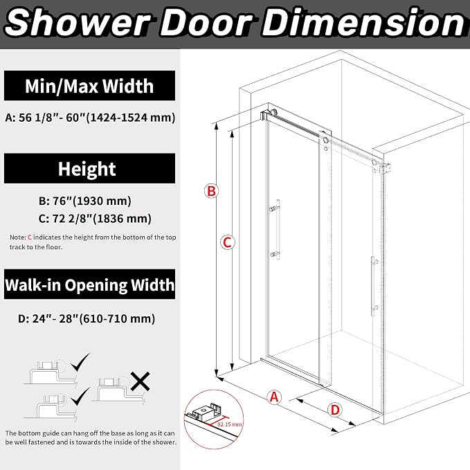 Sunrosa Frameless Double Sliding Shower Door 56 1/8"-60" W x 76" H, 5/16" Thick - Image 6