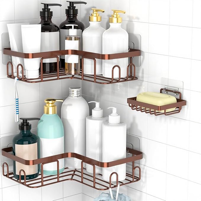Moforoco Corner Shower Caddy Shelf Organizer Rack, Self Adhesive Black Bathroom - Image 7