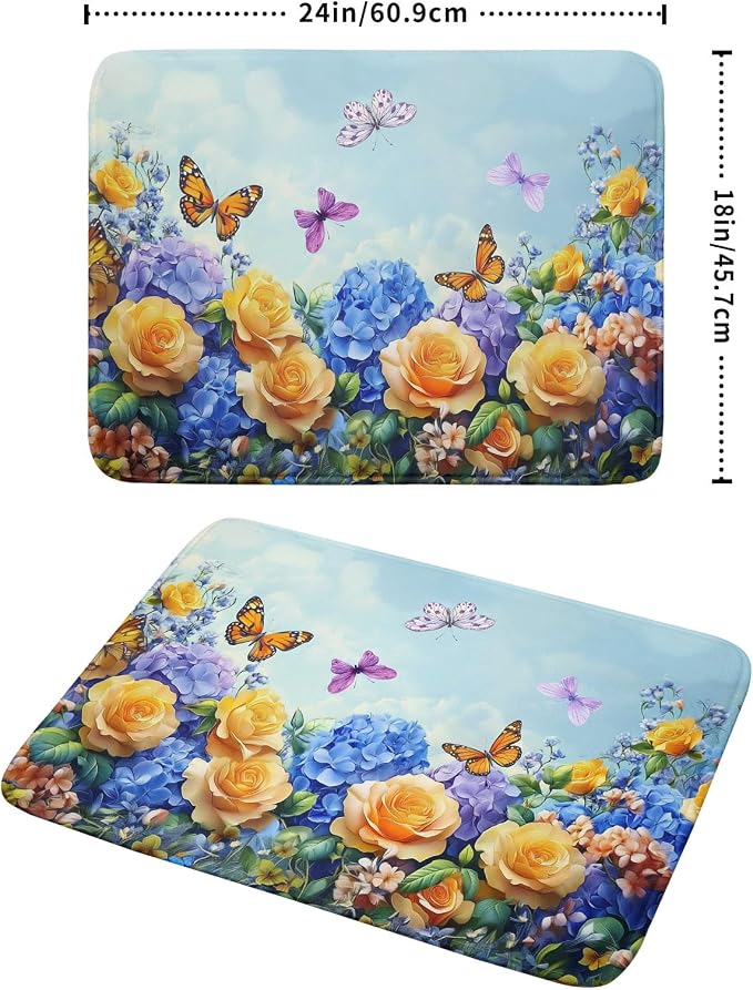 Spring Blue Yellow Hydrangeas Flowers Dish Drying Mat - Image 2