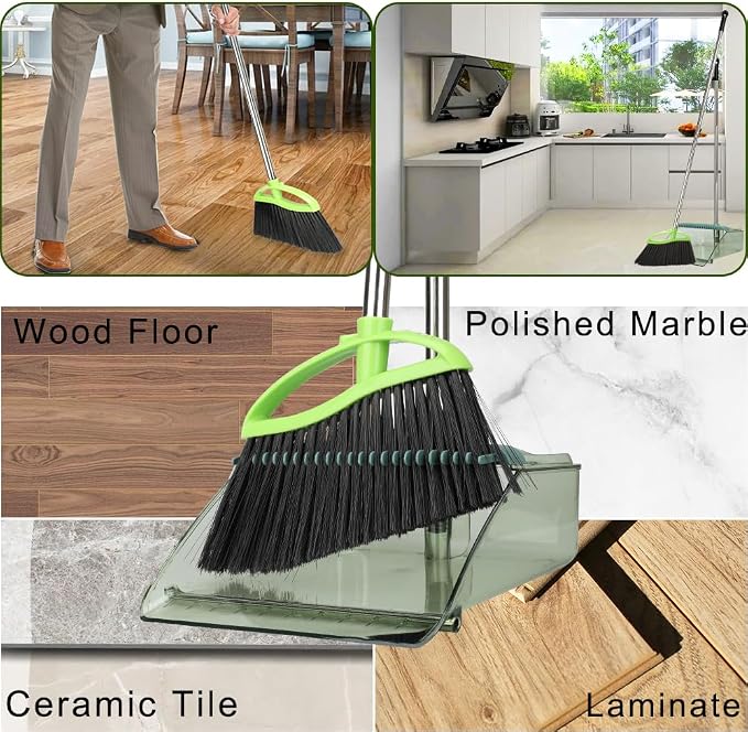 Soft Bristles Green Angle Broom and Dustpan Set, Long Handle Household Indoor - Image 6