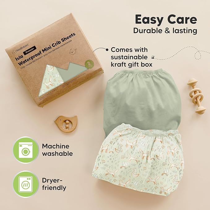 2-Pack Waterproof Pack and Play Sheets, Mini Crib Sheets Fitted for Boy, Girl - 38 x 26 Viscose from Bamboo Pack N Play Mattress Sheets for Graco, Toddler Playard Baby Crib Sheets Neutral (Foxtrot)