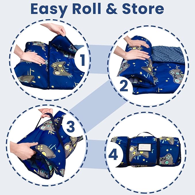 Toddler Nap Mat with Pillow and Minky Blanket, Large 55"x35" Sleeping Bag, Washable, Lightweight, Easy to Roll, Perfect for Preschool, Daycare, Kindergarten, Travel, Boys and Girls(Gamepad)