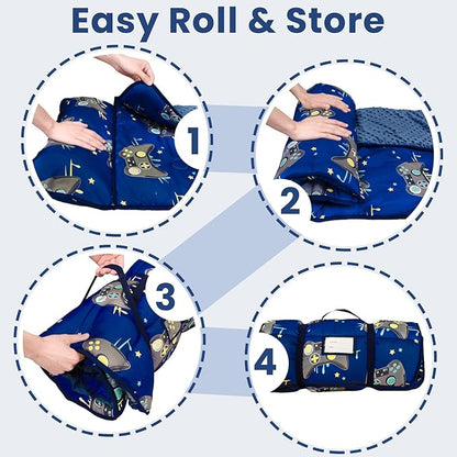 Toddler Nap Mat with Pillow and Minky Blanket, Large 55"x35" Sleeping Bag, Washable, Lightweight, Easy to Roll, Perfect for Preschool, Daycare, Kindergarten, Travel, Boys and Girls(Gamepad)