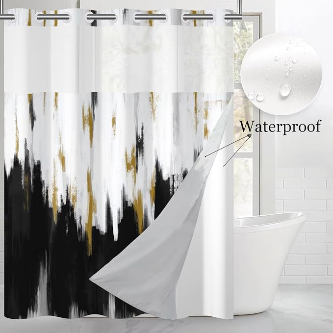No Hook Shower Curtain with Snap in Liner, Hotel Style Black White Gold Brush - Image 2