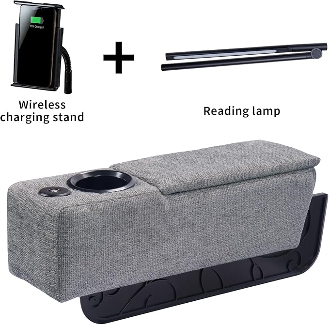 Multifunctional Sofa Armrest, Couch Armrest with Wireless Charge Stand, Removable Couch Caddy with Storage,Including LED Reading Light,Pewter