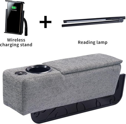 Multifunctional Sofa Armrest, Couch Armrest with Wireless Charge Stand, Removable Couch Caddy with Storage,Including LED Reading Light,Pewter