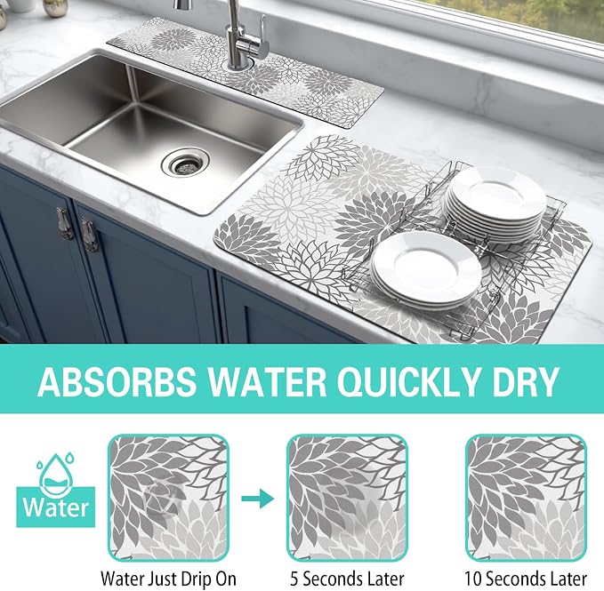 Dish Drying Mat for Kitchen Counter Matt, Super Absorbent Non-slip Rubber Backed - Image 3