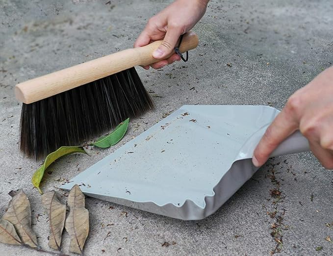 Metal Dust Pan and Brush Set Soft Bristle Wooden Broom Heavy Duty Pan Portable - Image 5