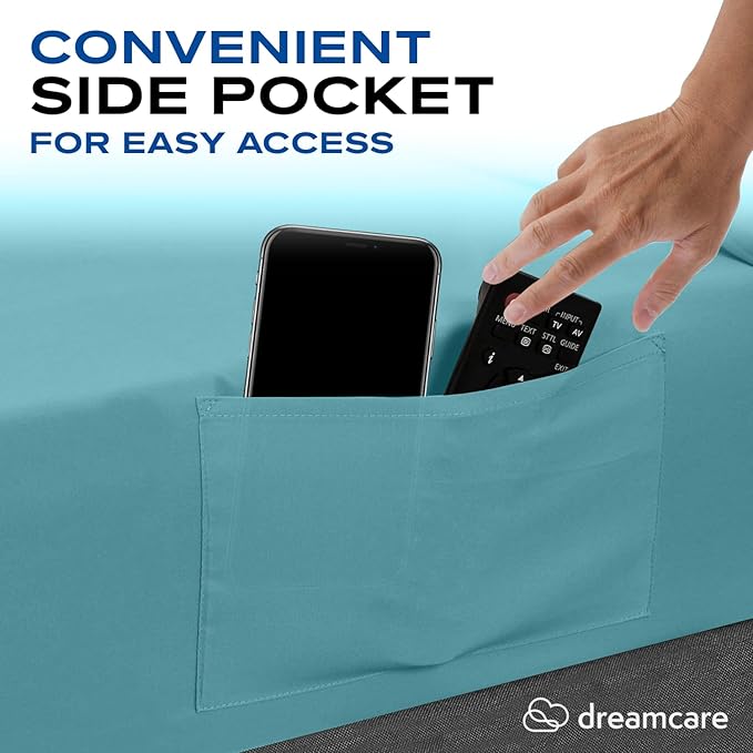 DREAMCARE Full Size Sheets Set - 4 Pcs Cooling Bed Sheets with Up to 15" Deep Pockets - Soft, Long-Lasting 100% Brushed Polyester with Side Pocket (Spa Blue)
