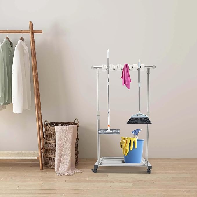 Wet Mops Rack Movable Broom Holder, Movable Closet Storage Cabinet Mop Rack - Image 2