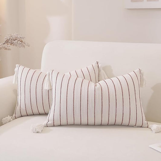 Decorative Boho Throw Pillow Covers 20x12 Inch Set of 2, Textured Linen Striped Lumbar Throw Pillows with Tassels, Soft & Cozy Farmhouse Decor Cushion Covers for Couch Bed Living Room