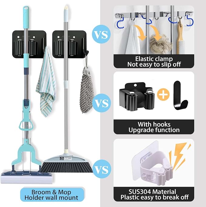 Mop and Broom Holder Wall Mount Stainless Steel 304 Tool Garage Organization - Image 4