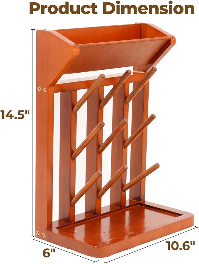Brown Vertical Bottle Drying Rack Rubber Wood 9 Hooks, Use - Image 2
