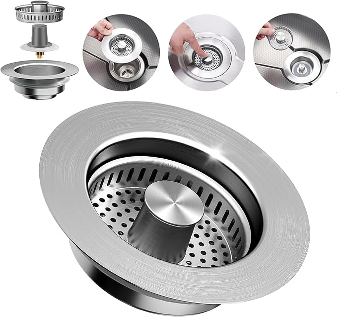 3-in-1 Kitchen Sink Drain Strainer Stopper – 304 Stainless Steel Pop Up Sink by PROFECTUS