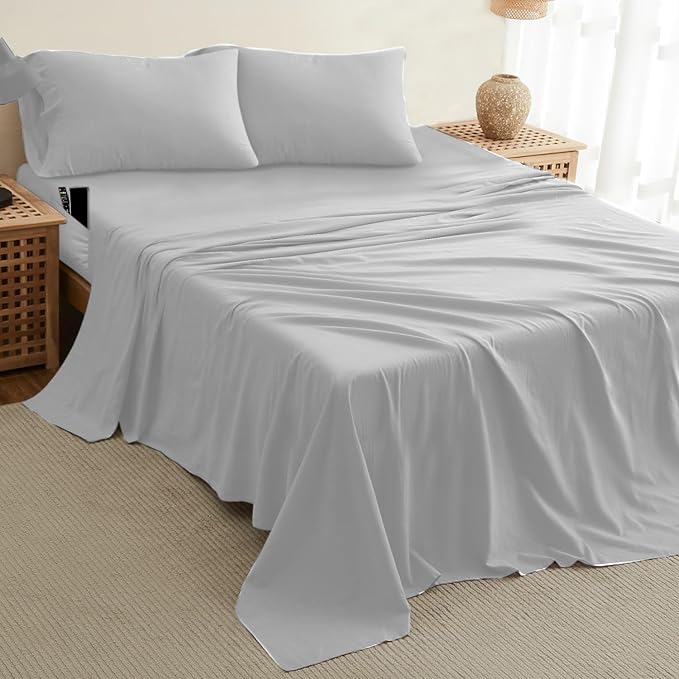 DREAMCARE King Size Sheets Set – 4 pcs Cooling Sheets – up to 21” Deep Pocket King Sheet Set – Hotel Luxury Sheets & Pillowcases – Superior Softness 100% Fine Microfiber with Side Pocket – Light Gray