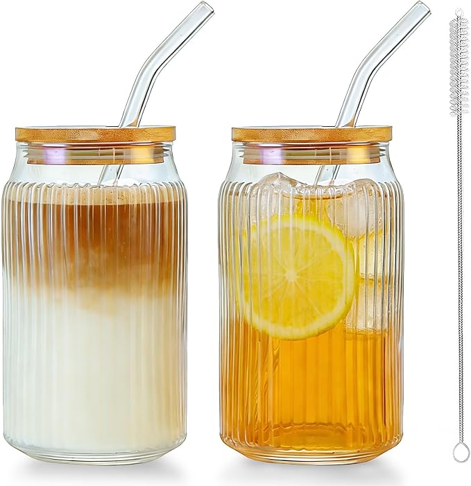 2 PCS Glass cups with Lids and Straws, 16 OZ Iced Coffee Cups, Ribbed Glass by Unknown