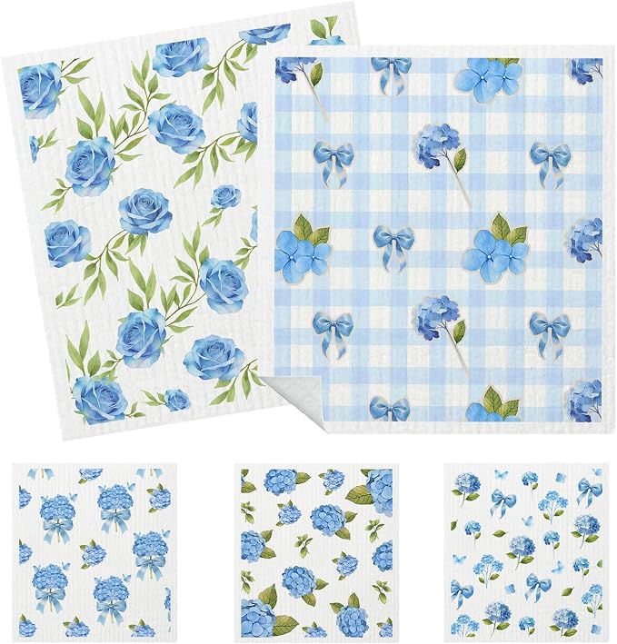 5 Pack Mixed Watercolor Hydrangea Kitchen Dishcloths Dish Towels, Swedish by HEIFAM