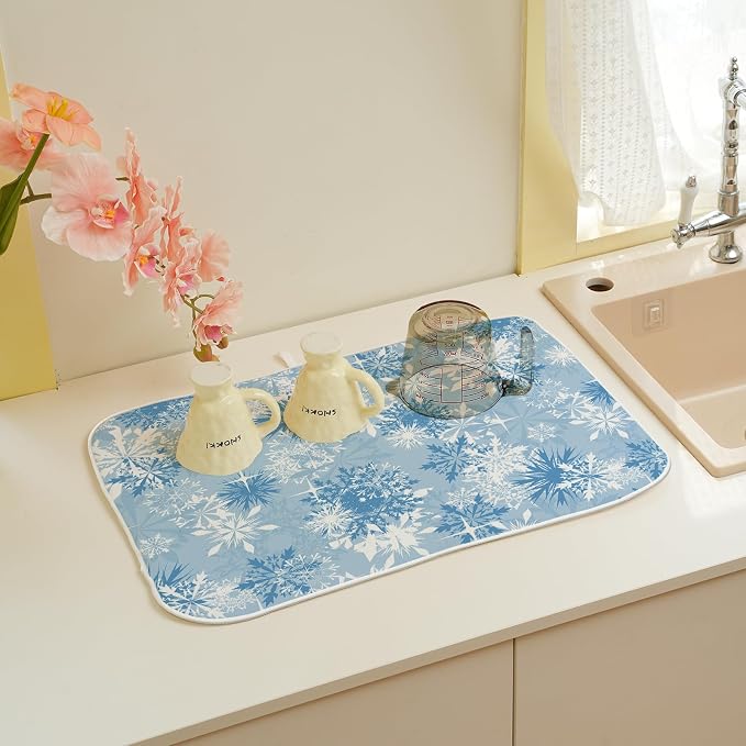 Christmas Dish Drying Mat 18x24 Inch Blue White Snowflake Winter Drying Mat - Image 6