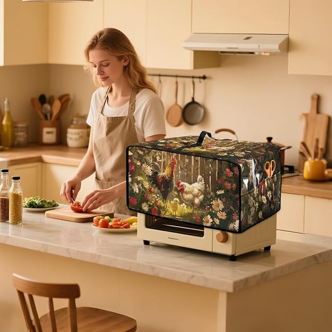 Air Fryer Toaster Oven Dust Cover with Side Pockets, Protective Countertop Microwave Oven Cover for Home Indoor Decor, S, 14.5 x 18.5 x 9 Inches, Rooster Chicken Daisy Print