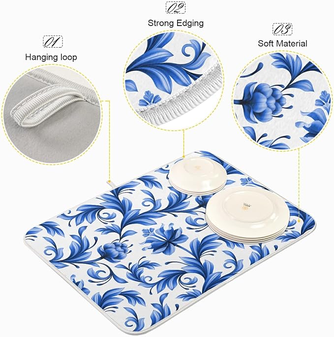 Tarity Blue Flowers White Dish Drying Mat - Image 4