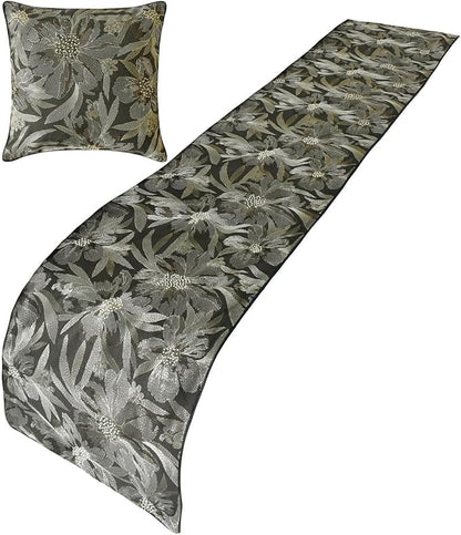 The HomeCentric King/Queen/Twin Grey Decorative Bed Runner Full 68"x18" Bed Runner Without Pillow Cover, Embroidery, Floral, Pearl Bed Scarf on Jacquard Fabric - Liana