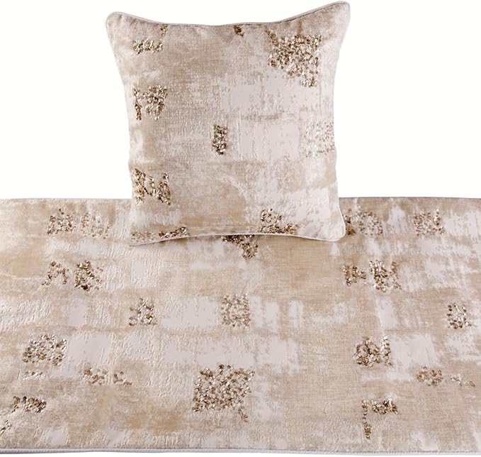 The HomeCentric Ivory Bed Runner, CA King Size 86"x18" Decorative Bed Runner with 2 Matching Pillow Cover, Ivory Velvet Bed Scarf in Foil Velvet with Sequin - Creative Grudge