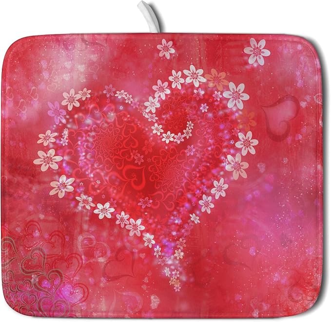 Valentines Day Dish Drying Mat for Kitchen Counter Red Heart Flower Decor by Sweetshow