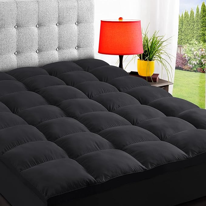 ELEMUSE RV Short Queen Black Mattress Topper for Back Pain, Extra Thick Mattress Pad Cover, Plush Soft Pillowtop with Elastic Deep Pocket, Overfilled Down Alternative Filling