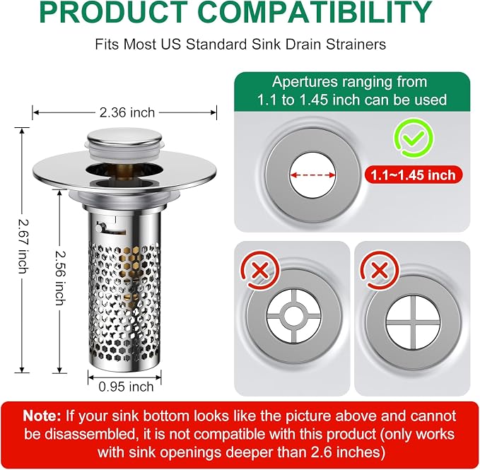​Bathroom Sink Drain Strainer, Universal Pop-Up Sink Stopper Hair Catcher - Image 7