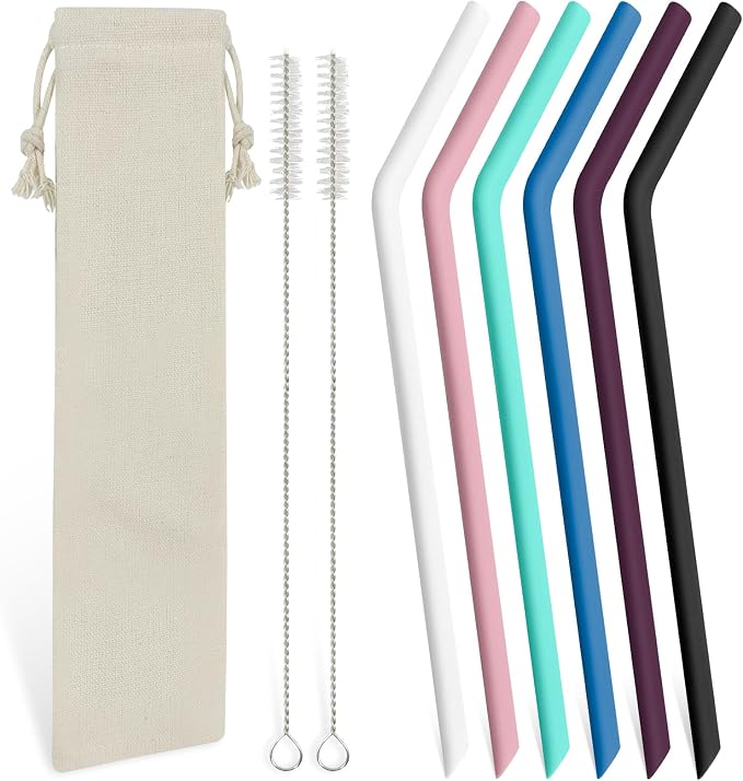 6 Pcs Bent Silicone Drinking Straw Set – Multi-Color, Reusable Silicone Straws by Baipesiy