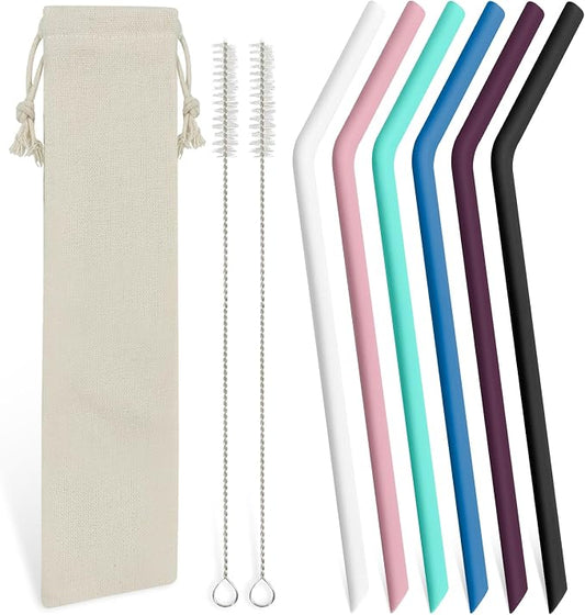 6 Pcs Bent Silicone Drinking Straw Set – Multi-Color, Reusable Silicone Straws by Baipesiy