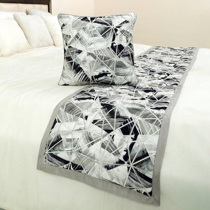 The HomeCentric King/Queen/Twin Grey Decorative Queen 74"x18" Bed Runner with Pillow Cover, Print & Embroidery Bed Scarf on Cotton Fabric - Grey Angular