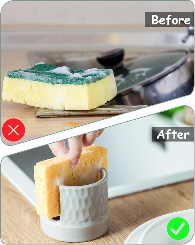 Sponge Holder for Kitchen Sink Counter, Dish Sponge Dish Rack Ceramic Brush - Image 4