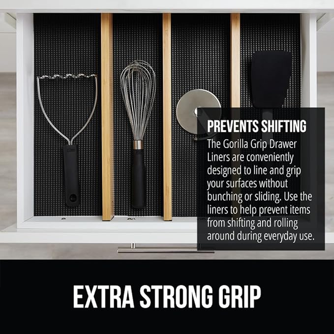 GORILLA GRIP powerGRIP Drawer Shelf and Cabinet Liner, Thick Strong Hold, Non-Adhesive Liners Protect Kitchen Cabinets and Cupboard, Bathroom Drawers, Easy Install, Breathable Mat, 17.5" x20', Black