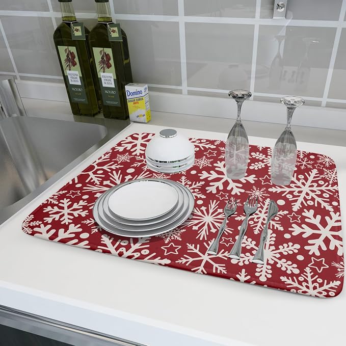 Christmas Dish Drying Mat for Kitchen Counter 18x24 Dark Red Snowflake Winter - Image 6