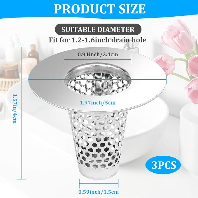 Dayker 3PCS Bathroom Sink Drain Strainers, Stainless Steel Hair Catcher - Image 2