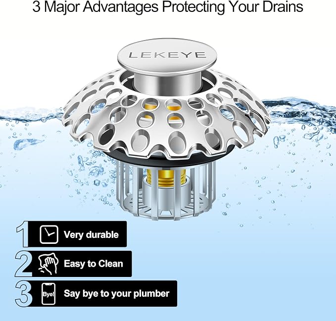 LEKEYE Tub Stopper | Shower Drain Hair Catcher | Bathroom Bathtub Plug | Pop Up - Image 4