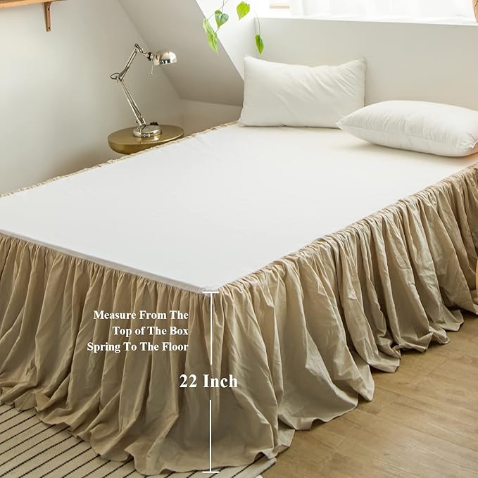 BISELINA French Linen Bed Skirt with Pleated Frills 22-Inch Tailored Drop Natural Flax Cotton Blend Dust Ruffle Soft Cozy Farmhouse Bedding (22" California King, Ruffle Linen)