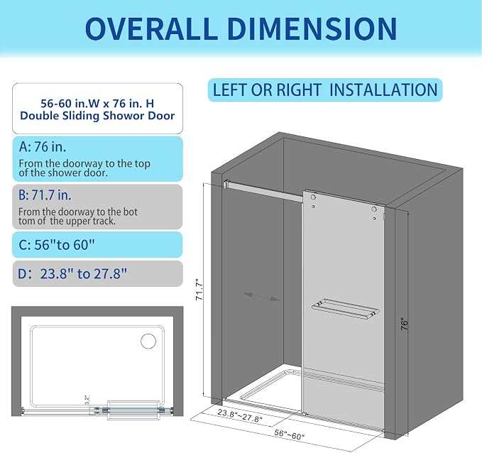 56-60" W x 76" H Double Sliding Frameless Shower Glass Door, 5/16" ANSI & SGCC - Image 2