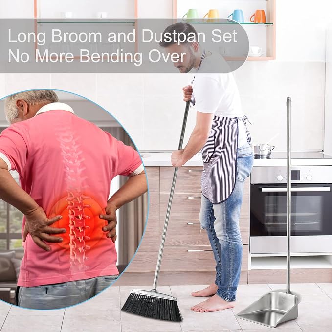 VOOWO Heavy Duty Broom and Dust pan Set, Stainless Steel Broom and Dustpan Set - Image 5