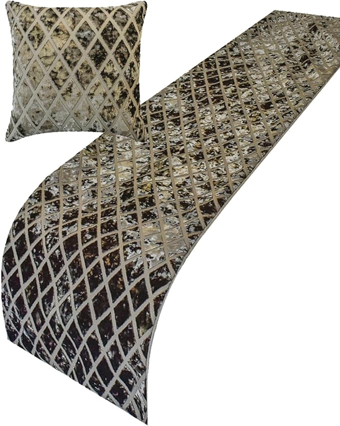 The HomeCentric King/Queen/Twin Grey Decorative Bed Runner Twin 53"x18" Bed Runner with Two Pillow Cover, Diamond Pattern, Velvet Cut Bed Scarf on Velvet Fabric - Grey Velvet Verve