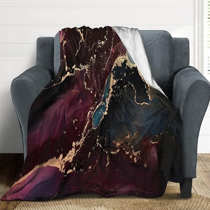 Modern Marble Blanket, Abstract Luxury Baroque Golden Purple Blue Stone Veins Pattern Soft Warm Cozy Plush Flannel Covers for Livingroom Bedroom Couch Chair Camping Travel Home Decor Tapestry 40x50in