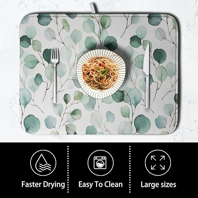 Green Leaves Dish Drying Mat Eucalyptus Leaf Branch Plant Drying Mats Absorbent - Image 4