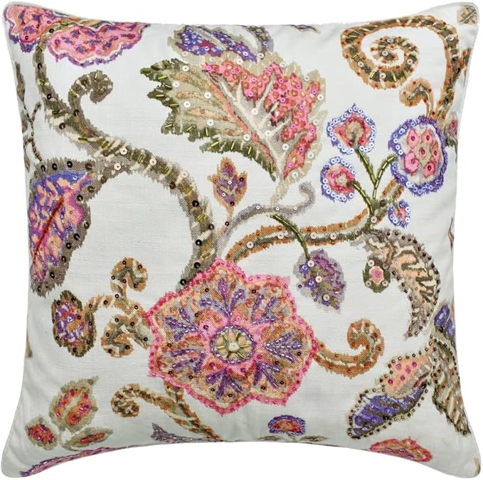 The HomeCentric King/Queen/Twin White & Pink Designer King 90"x18" Bed Runner with 2 Pillow Cover, Floral, Printed, Sequins, Beaded, Embroidery & Handmade Bed Scarf on Cotton Fabric - Aster