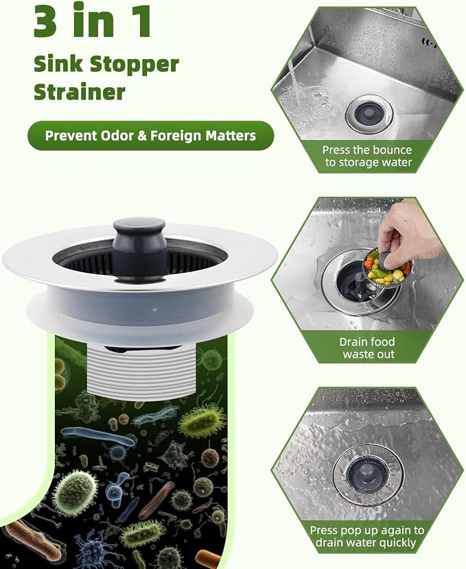 Universal Kitchen Sink Strainer Stopper Combo, 3 in 1 Pop Up Kitchen Sink - Image 3