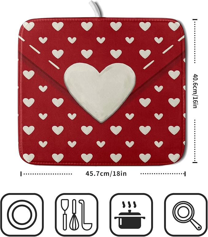 Valentines Day Dish Drying Mat for Kitchen Counter 16x18 Cream Red Love Heart - Image 2