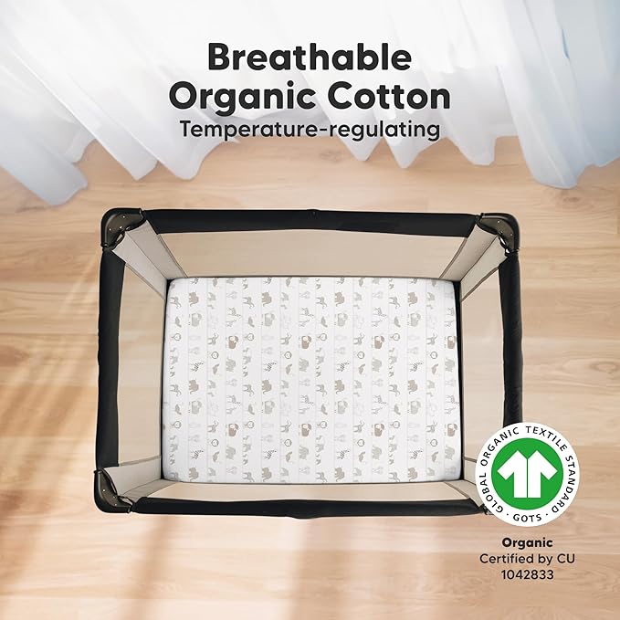 2-Pack Mini Crib Sheets Fitted - 38x26 Pack N Play Sheets for Pack and Play Mattress, Organic Cotton, Soft & Breathable Playard Bedding, Neutral Mini Toddler Bed Cover for Boys, Girls (Savannah)