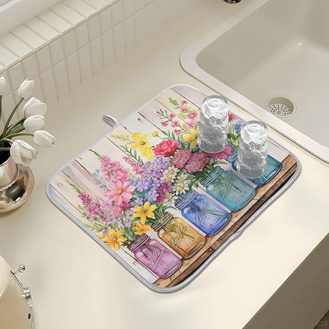 Spring Floral Jars Rustic Dish Drying Mat - Image 7
