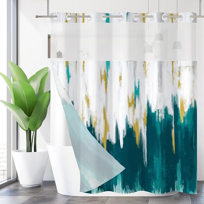 No Hook Shower Curtain with Snap in Liner, Hotel Style Blue White Mix Gold by Caheansi