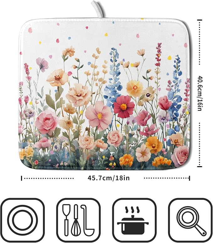 Colorful Flower Dish Drying Mat 16x18 Inch Botanical Floral Drainer Rack Mats - Image 2